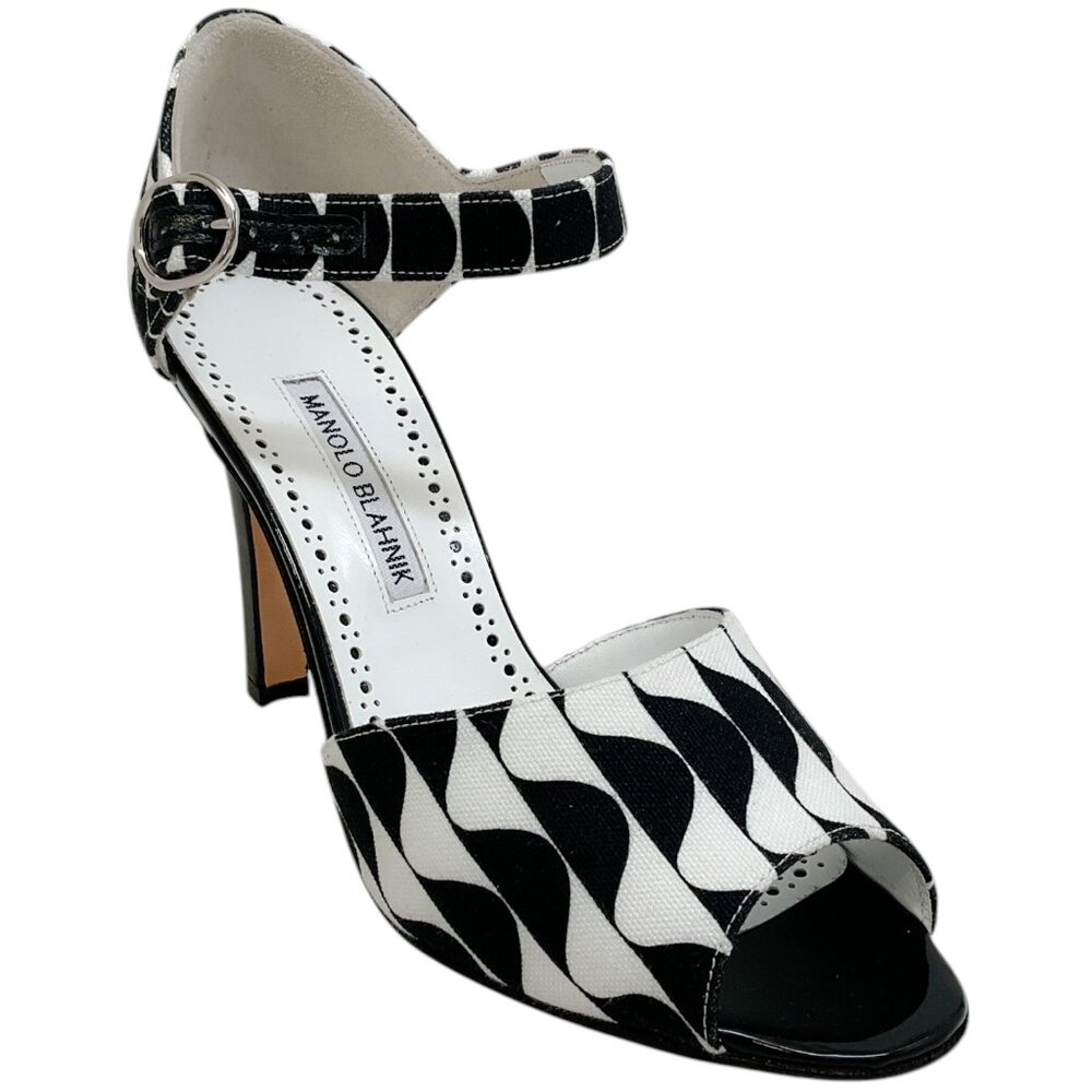 Manolo Blahnik Black and White Patterned Peep-Toe Ankle Strap Heels